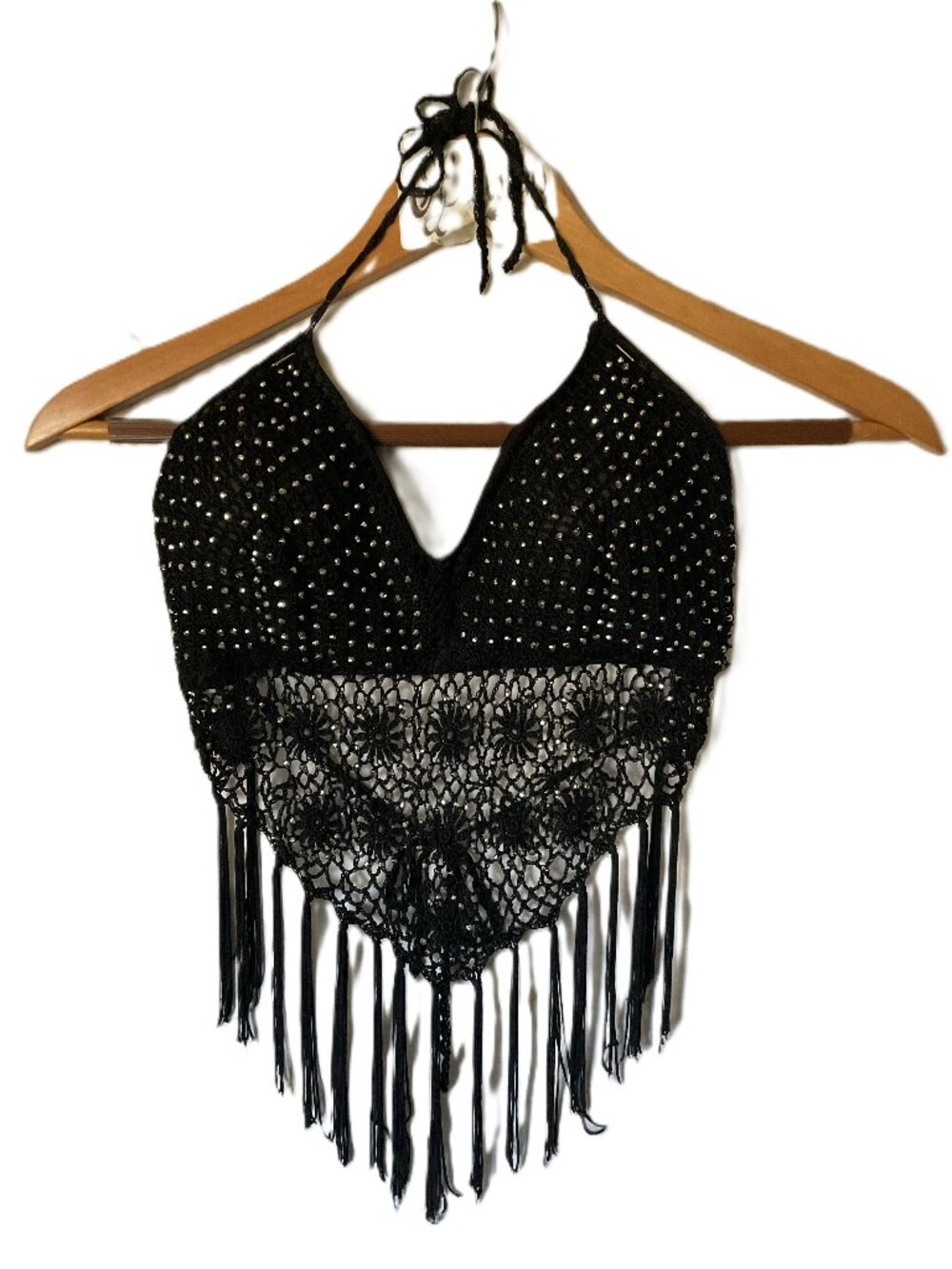 Beaded Black Crochet Backless Halter Top w/bra cups